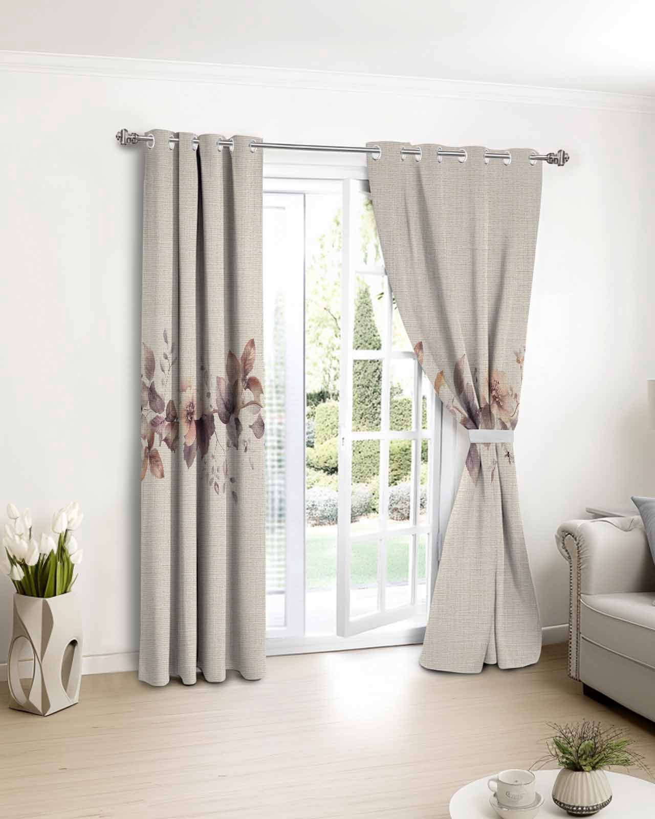 Spring Flower Blackout Curtains for Bedroom Living Room, Retro Brown Flower Watercolor Plant Linen Texture 72 In Long Thermal Insulated Room Darkening Drapes Grommet Window Treatments, 52 x 72 In