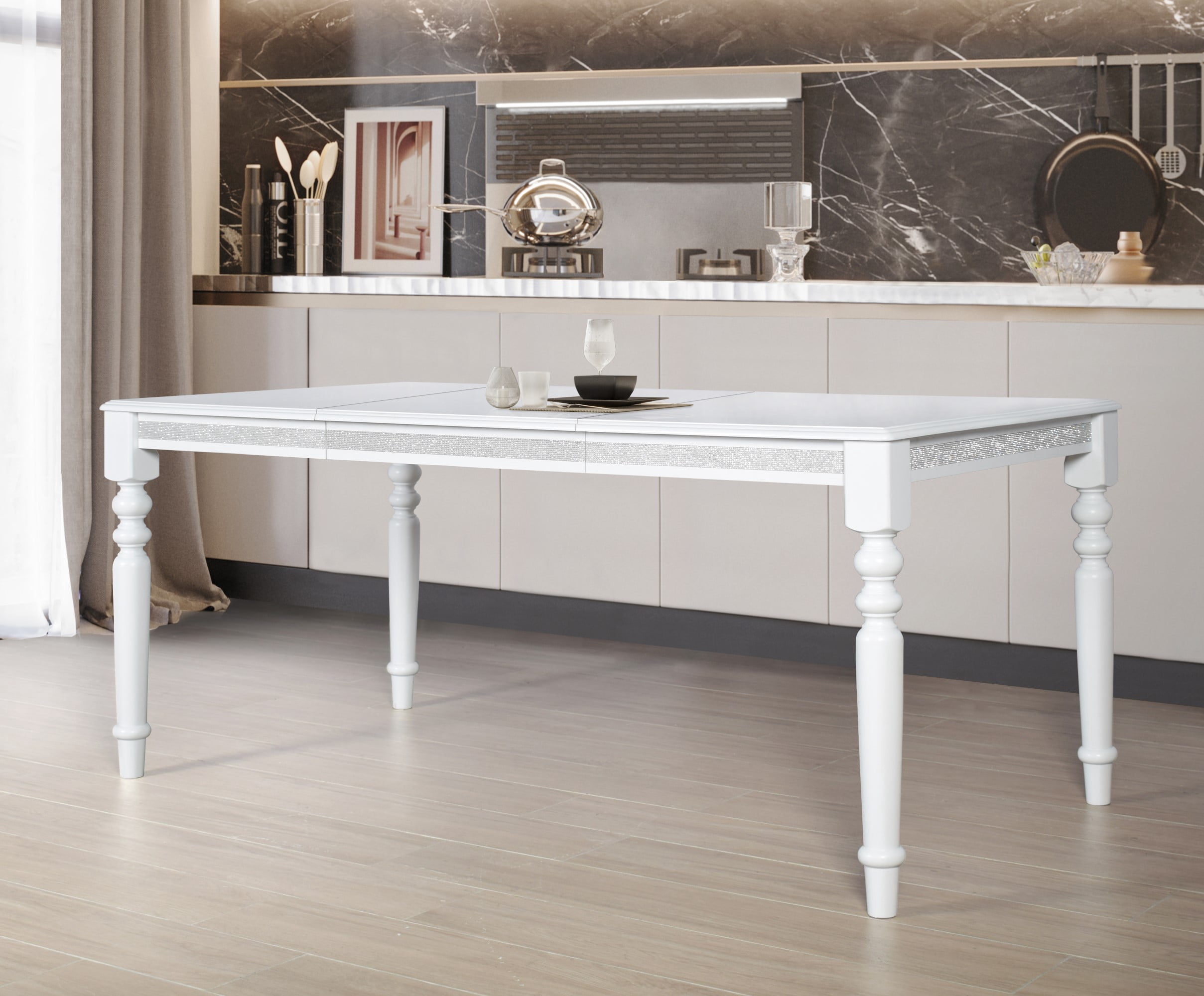 Home Design Reston Dining Table, White, Rectangular top, Turned legs, Rhinestone accents, Modern luxury design, Sturdy construction, Eye-catching centerpiece