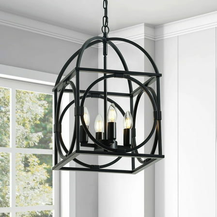 Industrial 4-Light chandelier, Black caged Lantern Light Fixture, Rustic Kitchen Island Pendant Lighting