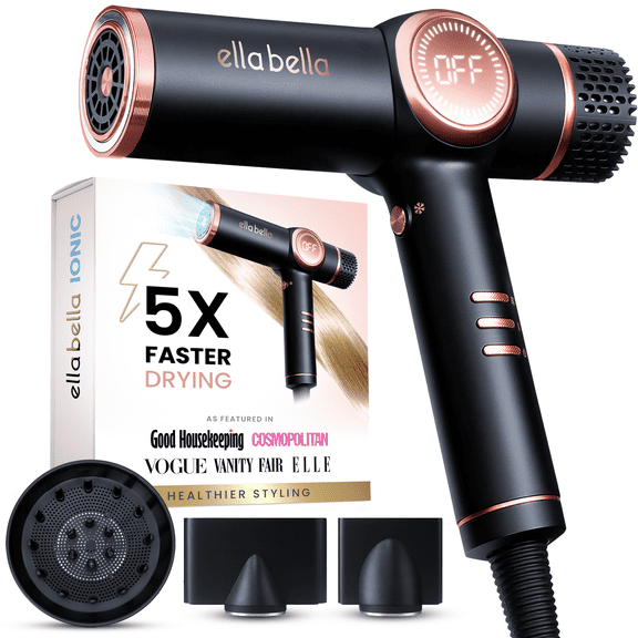 ELLA BELLA® Professional Ionic Hair Dryer with Diffuser, Negative Ion Blow Dryer, Suitable All Hair Types • Intelligent Heat Control & Rapid Drying Speeds • Lightweight Design & Low Noise (Black)