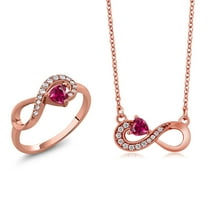 Gem Stone King 18K Rose Gold Plated Silver Red Created Ruby Infinity Ring Earrings Pendant Jewelry Set for Women (0.85 Cttw, Gemstone July Birthstone, Heart 4MM, with 18 inch Silver Chain)