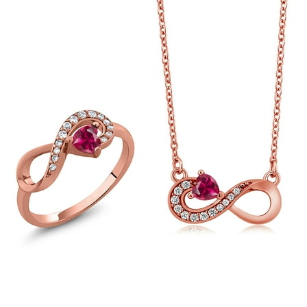Gem Stone King 18K Rose Gold Plated Silver Red Created Ruby Infinity Ring Earrings Pendant Jewelry Set for Women (0.85 Cttw, Gemstone July Birthstone, Heart 4MM, with 18 inch Silver Chain)