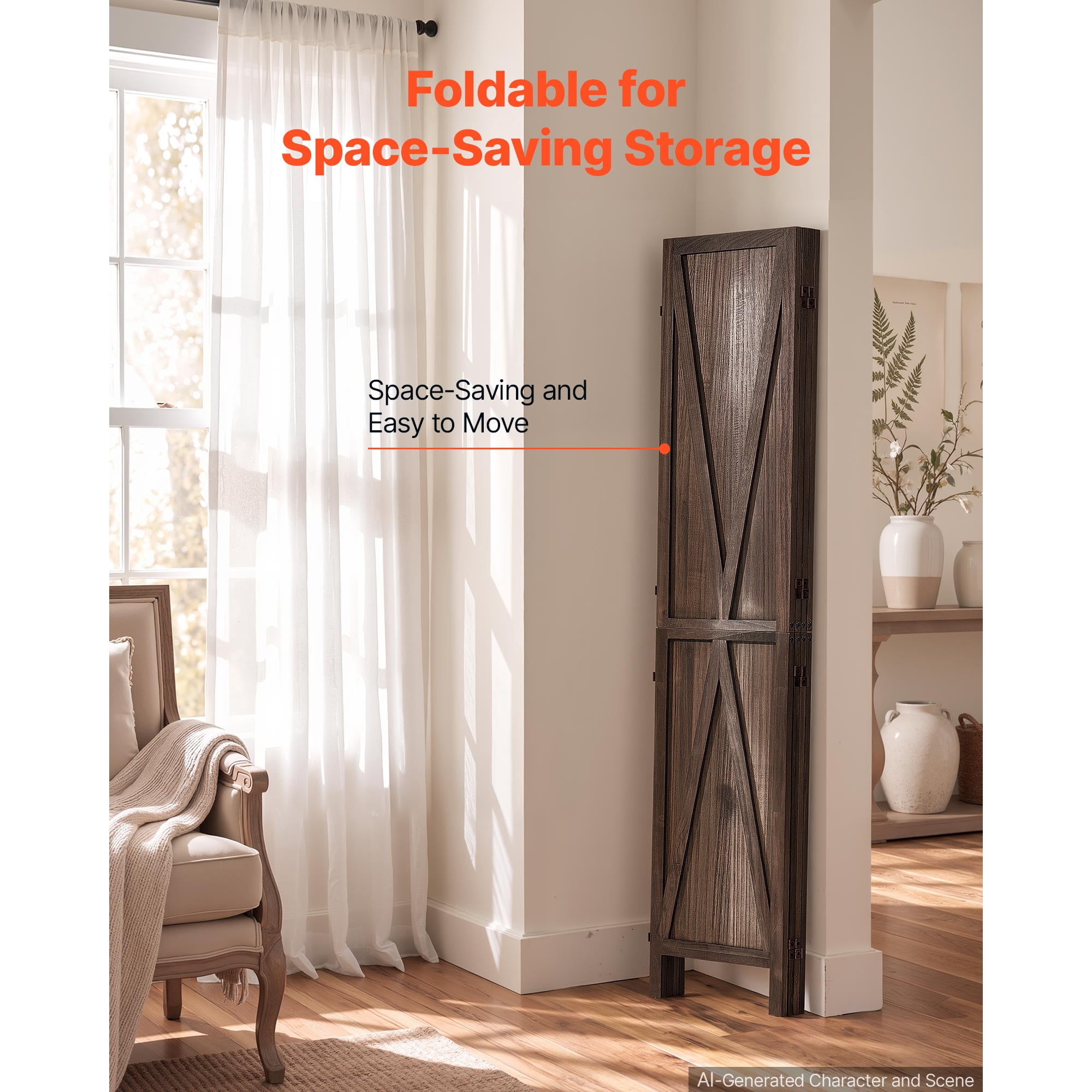KFFKFF 4-Panel Wooden Room Divider with X Pattern, Folding Privacy Screen for Home Decor and Room Separation, 67 Inches Tall, Solid Frame, 360° Two-Way Hinges, Rustic Wooden Partition with Hardware