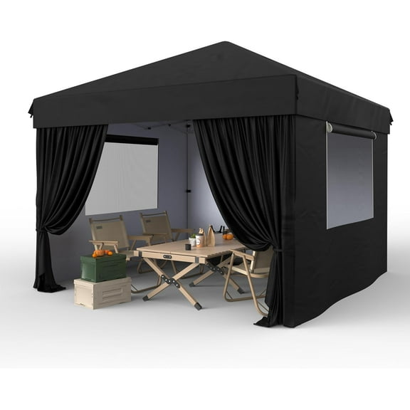 10x10 Ft Pop Up Canopy Tent with 4Pcs Sidewalls, Portable Instant Commercial Canopy with 4 Stakes, 4 Ropes, 4 Sandbags for FarmersFt Market, Patio, Outdoor, Camping, Black