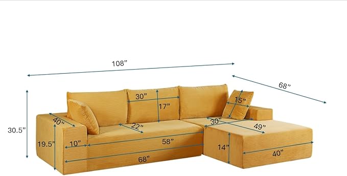Corduroy upholstery 2 piece L shape high density foam sectional