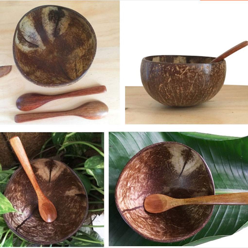 lā Vestmon Coconut Bowl Natural Coconut Bowl with Wooden Spoon Set Utensils Soup Fruit Salad Noodle Rice Bowl Wooden Fruit Bowl for Dining Room Serving Rice Fruits Desserts