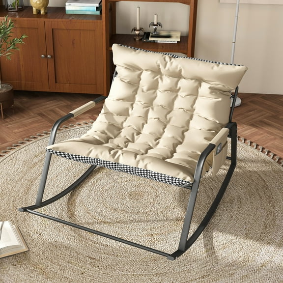 Lisonu Ergonomic Rocking Chair, Indoor/Outdoor Lounge Recliner with Removable Cushion, 330 LBS Capacity All-Weather Patio Rocker for Garden or Living Room, Off White