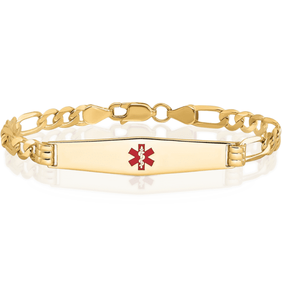 14K Solid Yellow Gold Medical Alert Figaro Link Name Bar Identification ID Bracelet