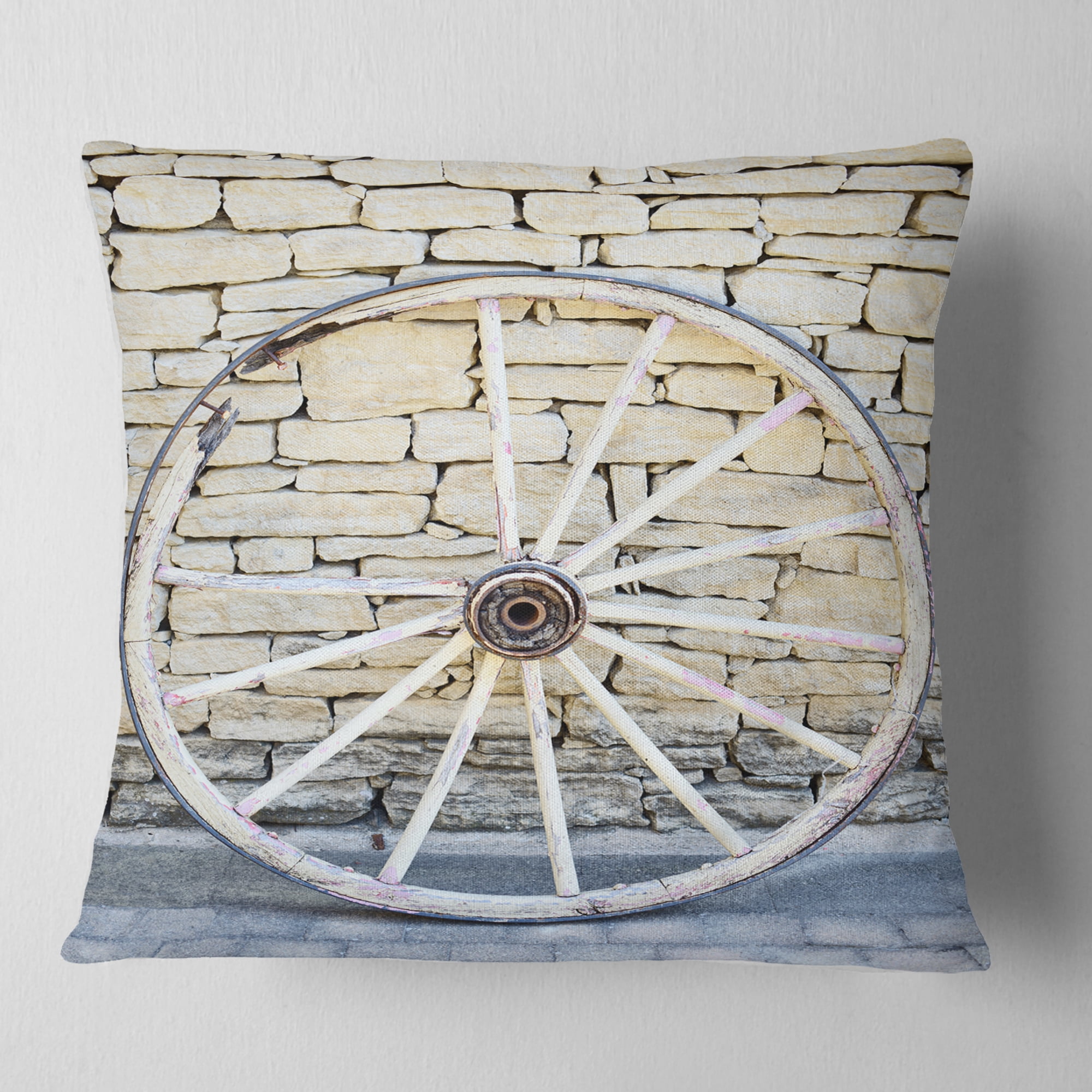 Designart Old Vintage Broken Wood Wheel - Landscape Printed Throw Pillow - 16x16