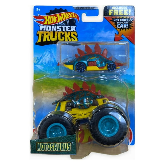 Hot Wheels Monster Trucks 2-Pack, 1 1:64 Scale Vehicle with Giant Wheels & 1 Die-Cast Car