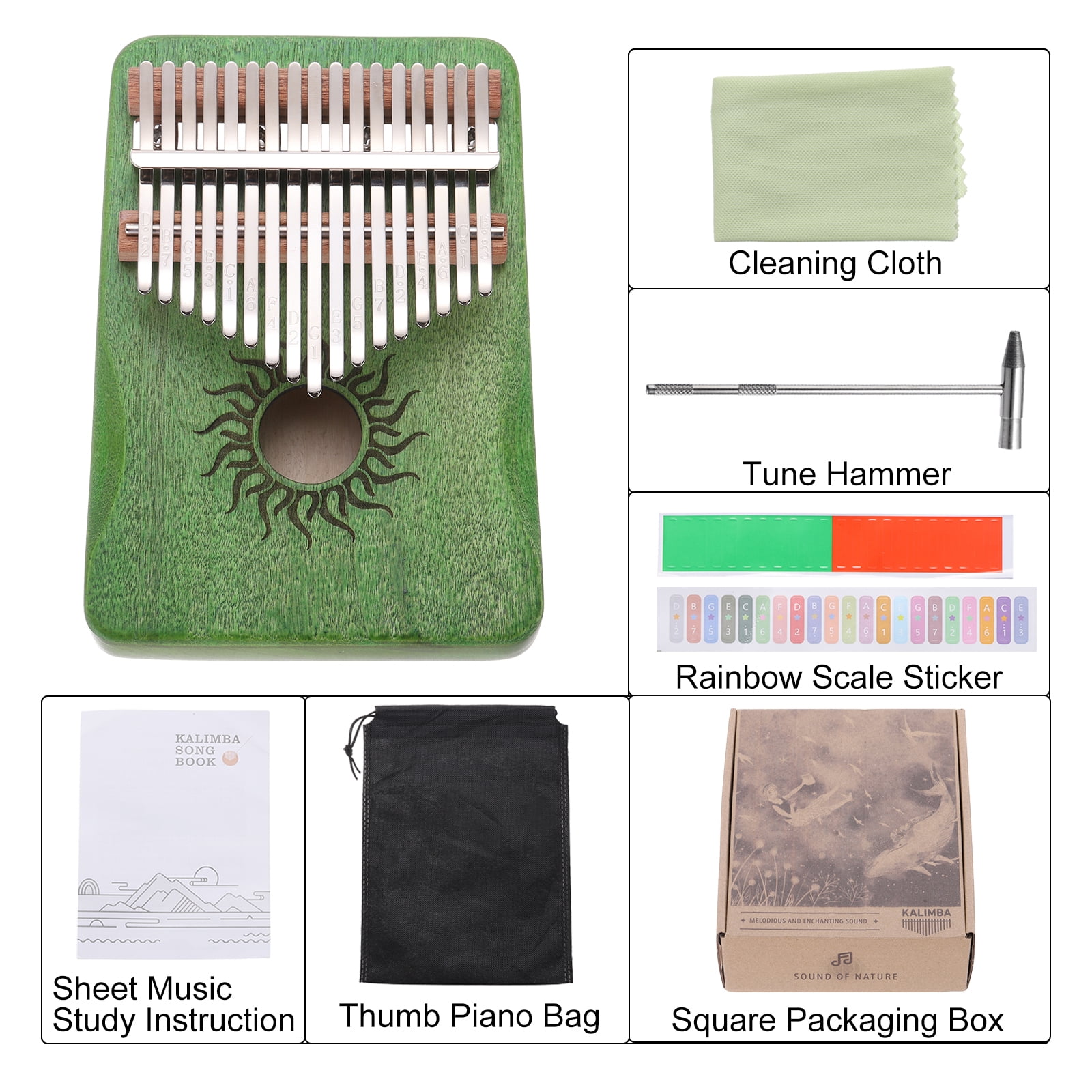 Uxcell 17 Keys Thumb Piano, Green Mini Portable Finger Piano Maple Wood Sun Pattern with Protective Bag, Tune Hammer