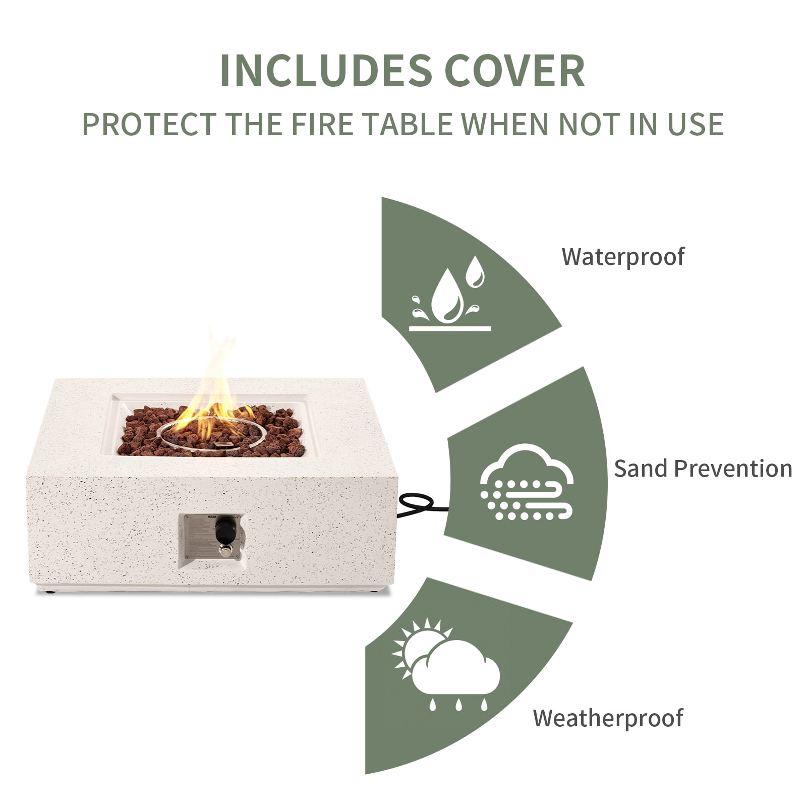 VENTOPYR 35''Outdoor Square Propane Fire Pit Table,Terrazzo White Faux Stone Finish