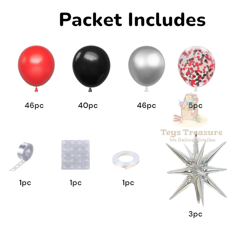 BalloonBuzz 140pcs Black and Red Balloons, Balloons Arch Kit | Confetti Latex Balloons Silver Star Foil Balloon for Birthday Anniversary Party Decorations (Red Black)