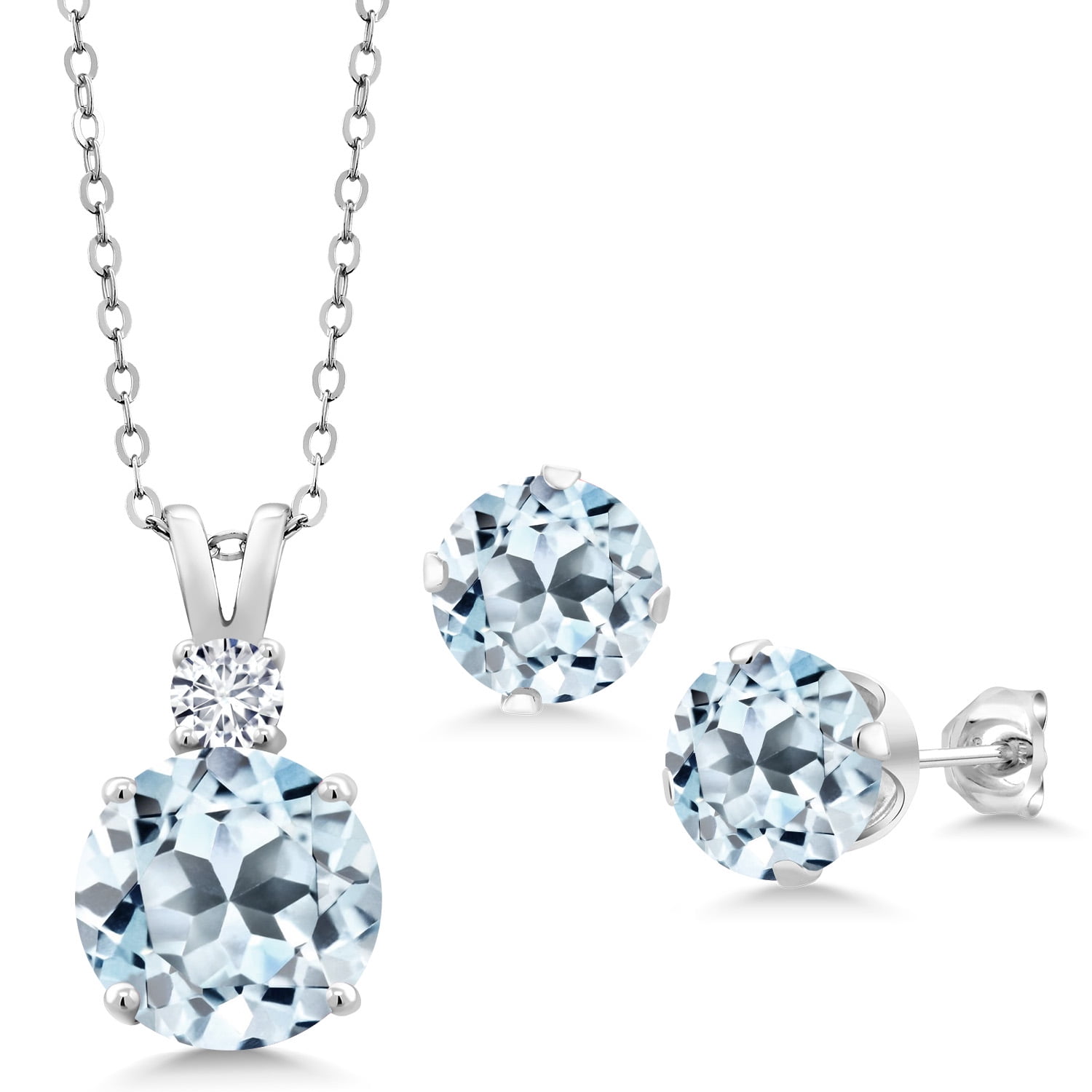 925 Sterling Silver Sky Blue Topaz and White Lab Grown Diamond Pendant and Earrings Jewelry Set for Women (14.47 Cttw, Round 10MM, Gemstone November Birthstone, with 18 inch Silver Chain)