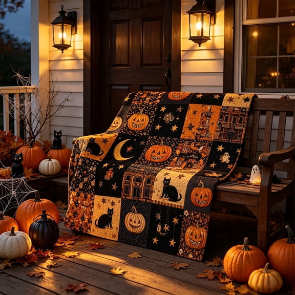 Halloween Pumpkins And Black Cats Flannel Quilted Throw Blanket For Sofa And Bed 51x59 Inch