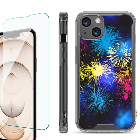 Shockproof Bumper Phone Case for iPhone 13, with Tempered Glass Screen Protector, by OneToughShield ® - Fireworks
