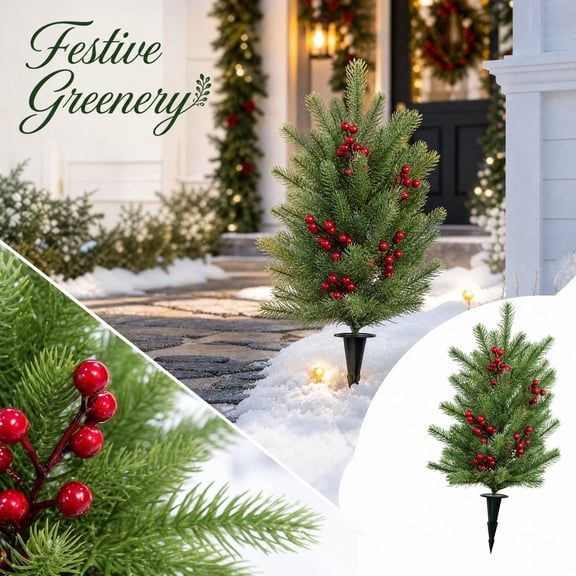 18-Inch Christmas Garden Stakes, 24.4 Inch Red Berry Pine Tree Branches for Holiday Landscape Decoration