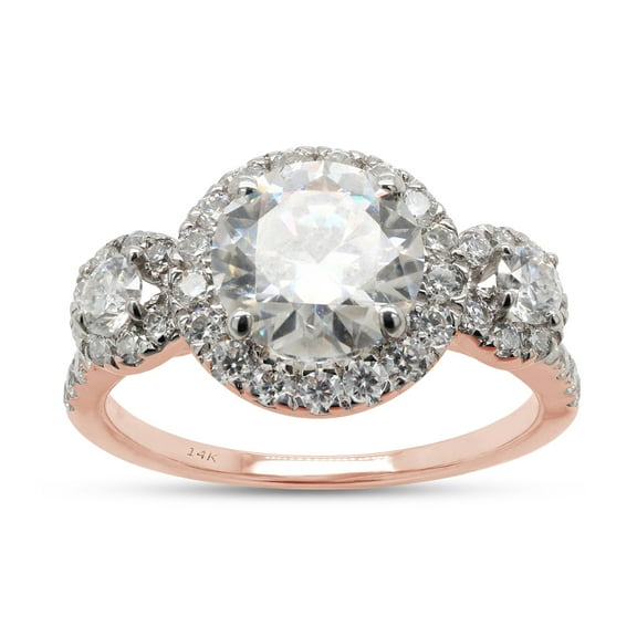 Three Stone Design, 2 1/4 CTTW 7.5MM Center Round Cut Lab Created Moissanite Diamond Halo Engagement Ring For Women In 14K Solid Rose Gold (G-H Color, VVS1 Clarity, 2.25 Cttw)-4