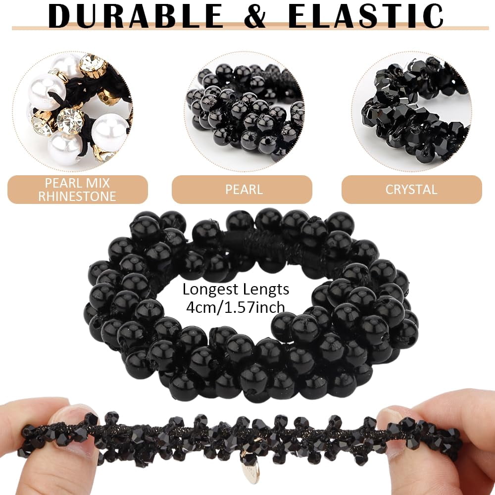 9pcs Black Hair Ties Elastic Hair Scrunchies Hold Crystal Pearls Beads Bulk Hair Ropes Stretchy Handmade Hair Accessories For Women Girls,diy Hand Tools Kits,springtok