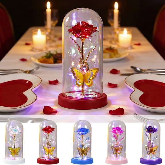 Gifts for Women Light Up Galaxy Glass Rose in Glass Dome with Butterflies Forever Eternal Crystal Flower Valentines Day Mothers Day Birthday Gift for Mom Grandma Wife Wedding Party Decor