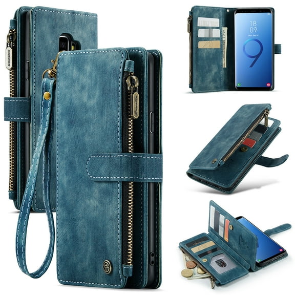 Wallet Case Compatible with Samsung Galaxy S9 Plus, Multifunctional Magnetic Closure Folio Case, [RFID Blocking] Durable PU Leather Flip Lanyard Strap Wristlet Zipper Card Holder Phone Case, Blue