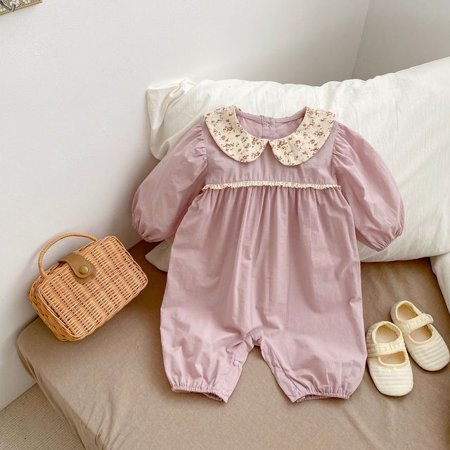 

DanceeMangoo Spring New Baby Girl Floral Lace Lapel Romper Newborn Infant Long Sleeve Casual Jumpsuit Loose Toddler Girl Clothes 0-24M