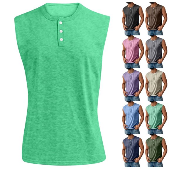 Mens Tank Tops Summer Sleeveless Gym Muscle Henley Shirt Casual Workout Gym Slim Fit Shirt Big and Tall Button Tank