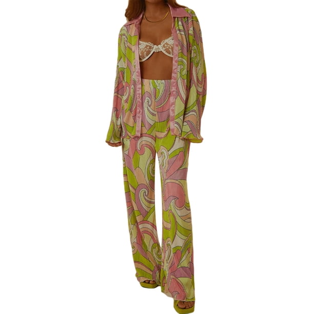 VISgogo, conjunto de ropa informal de 2 uds para mujer, estampado de flores/patrón abstracto, botones de solapa, camisas de manga larga, Tops con pantalones largos sueltos VISgogo moda
