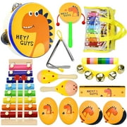Style-Carry Musical Instruments, 17Pcs Dinosaur Wooden Musical Toys for Toddlers 1-3 with Shakers Tambourine Xylophone, Early Learning Baby Toys for Girls and Boys