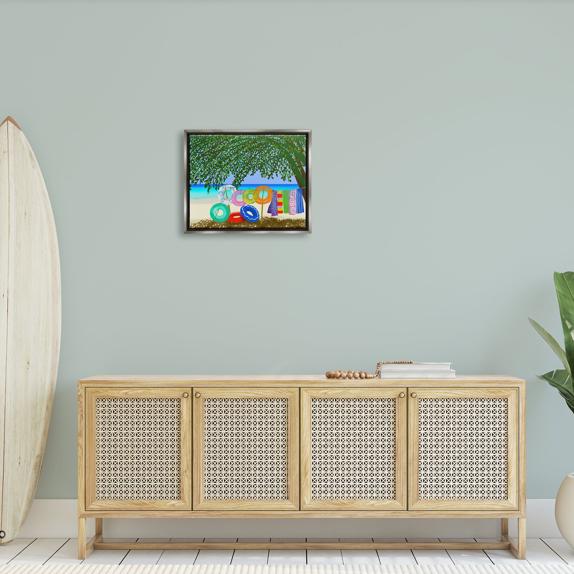 Stupell Industries Bold Beach Floats Overhanging Tree Coastal Shoreline Graphic Art Luster Gray Floating Framed Canvas Print Wall Art, Design by unknown