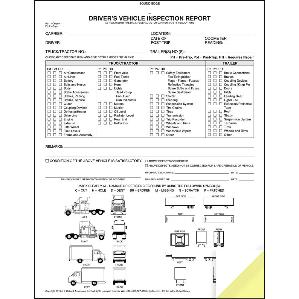 Detailed Driver Vehicle Inspection Report Book with Illustrations 5-pk. - 2-Ply Carbonless, 8.5"x11", 31 Sets of Forms Per Book