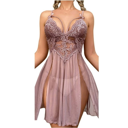 

Sleepwear For Women Lingerie Babydoll Lace Nightgown Side Slit Chemise See Through Lingerie Nightwear