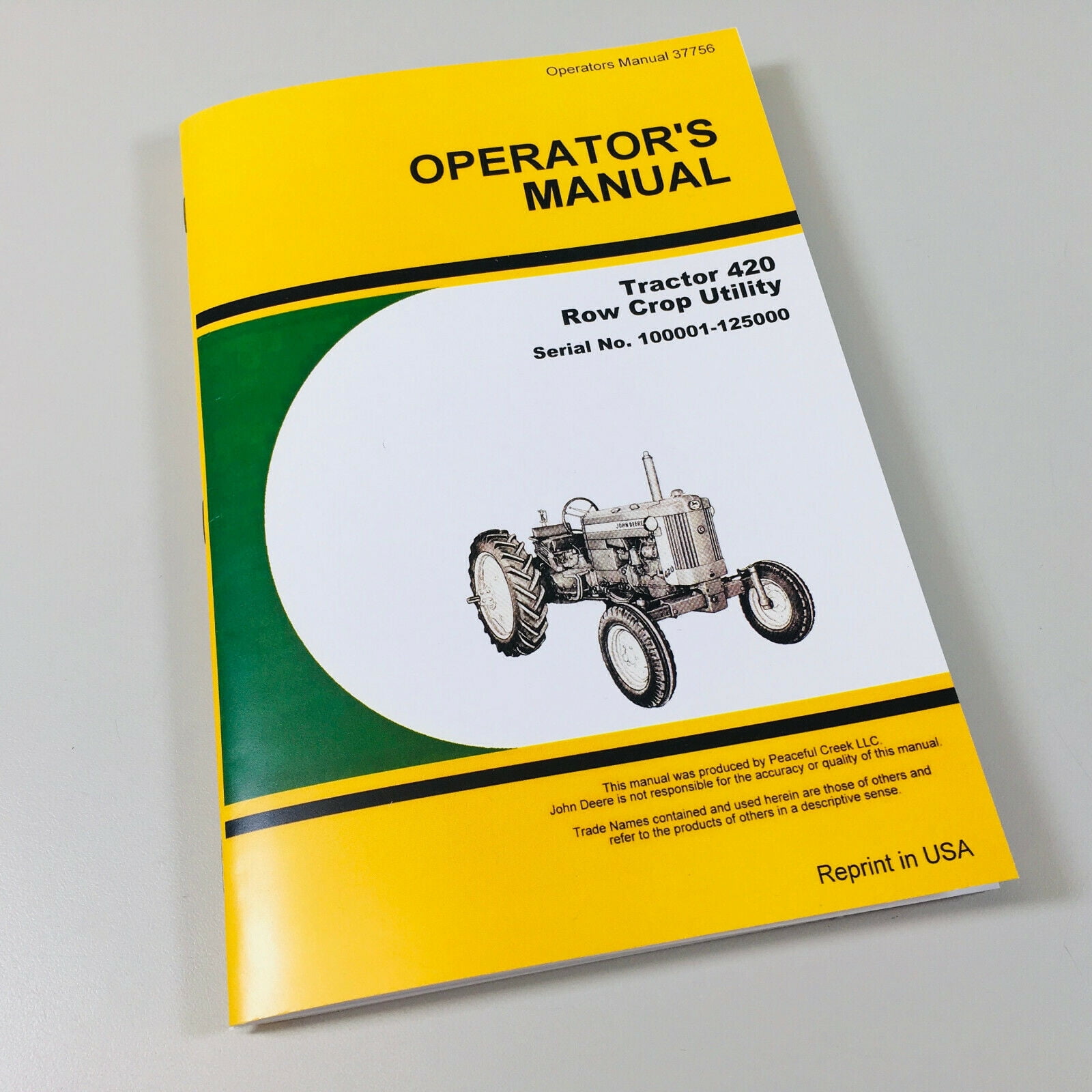 Operators Manual For John Deere 420 Row Crop Utility Tractor Sn/100001125000