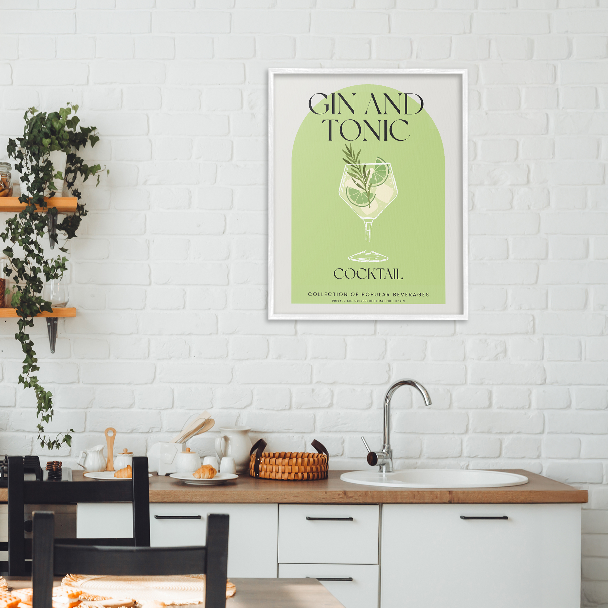 Stylish Retro Gin & Tonic White Framed Giclee Art, design by Lil' Rue