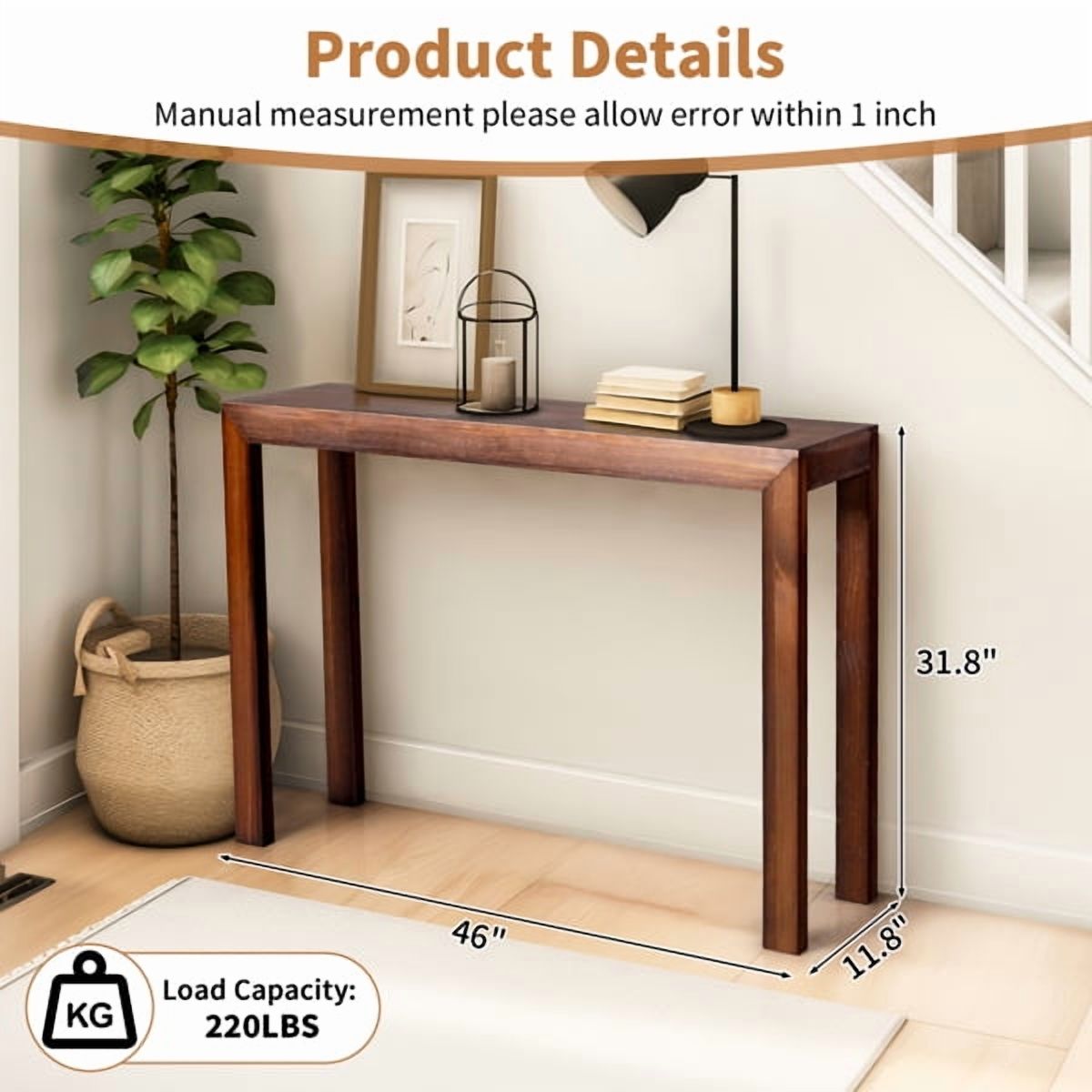 Pinewood Entryway Table, Walnut Waterproof Surface, 220lb Capacity, Modern Hallway Console with Easy 30-Min Assembly