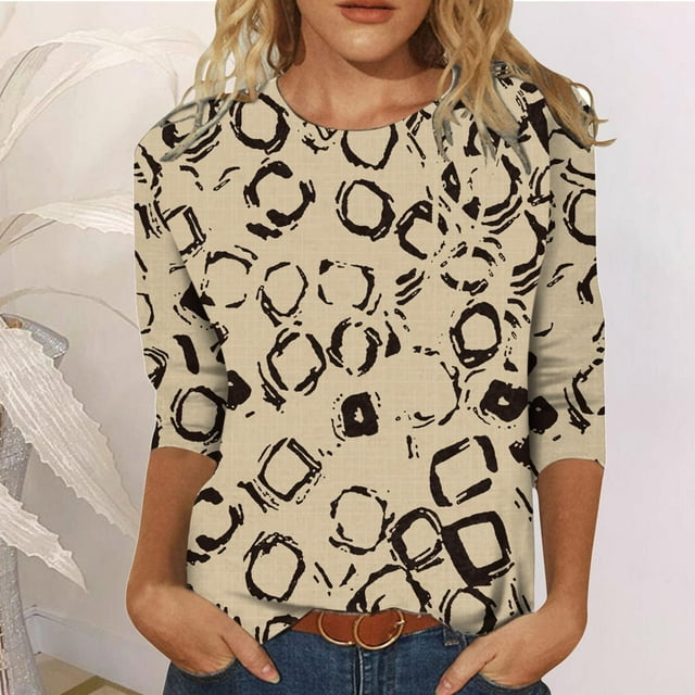 Hauts d'Entraînement pour Femmes T-shirt Imprimé Mode Manches 3/4 Blouse Col Rond Hauts Décontractés Hauts d'Été 2023 en Solde