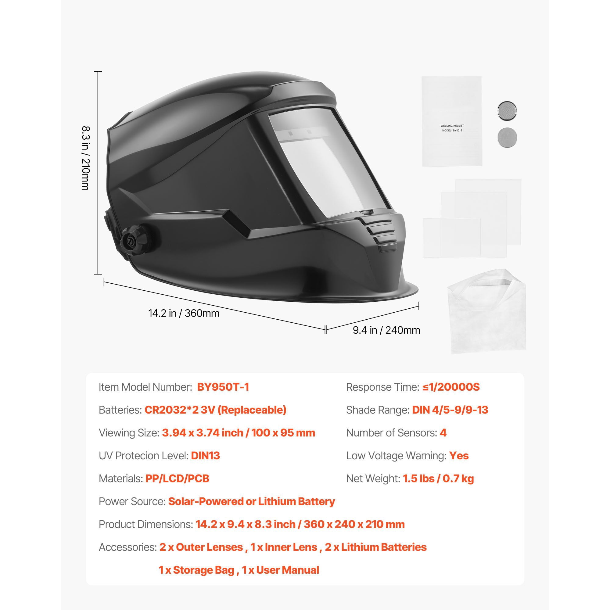 Auto Darkening Welding Helmet, 3.94x3.74 Inch Large True Color Screen, 4 Arc Sensors, 1/20000s Response, DIN 4/5-9/9-13 Adjustable, Solar Powered