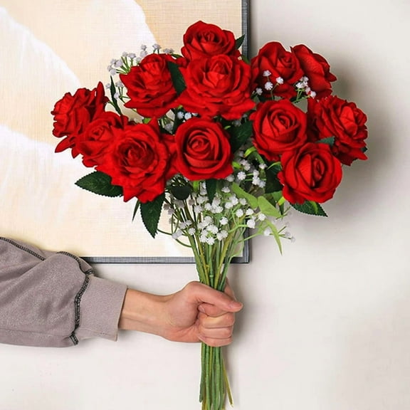 15Pcs Red Silk Roses Artificial Flowers Realistic Bouquet Home Decor Valentine