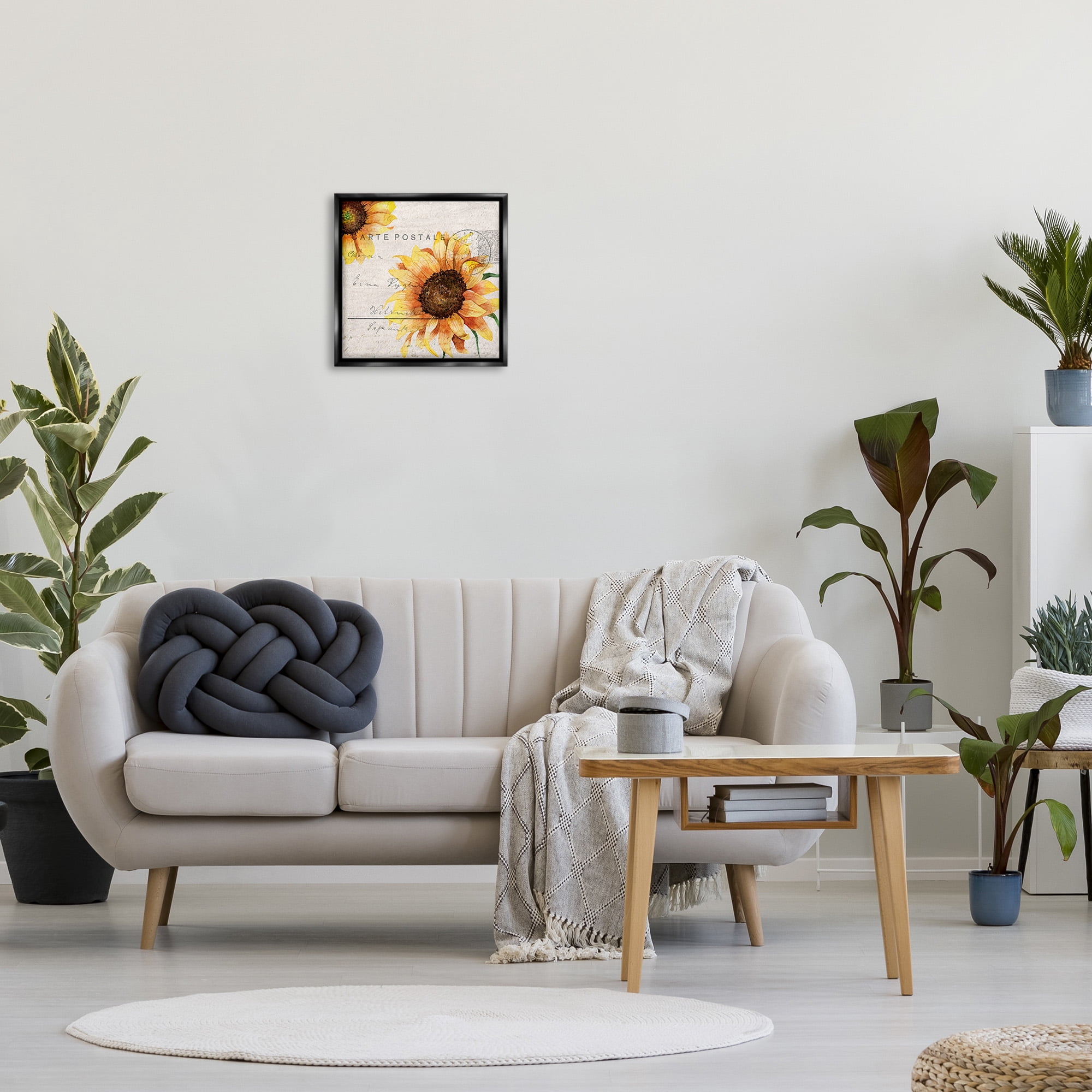 Stupell Industries Sunflower Vintage Mail Post Botanical & Floral Painting Black Floater Framed Canvas Art Print Wall Art, 18 x 18