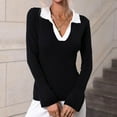 thumbnail image 2 of Fesfesfes Women Sweaters Casual Solid Knitting Slimming Trumpet Sleeve Long Sleeve V-Neck Sweaters Tops Blouse Tops on, 2 of 9