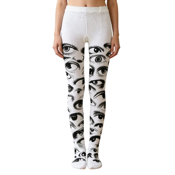 QueMer White Stockings Hosiery for Women Japanese Vintage Punk Whimsy Eyes Printed Opaque White Tights Pantyhose Leggings