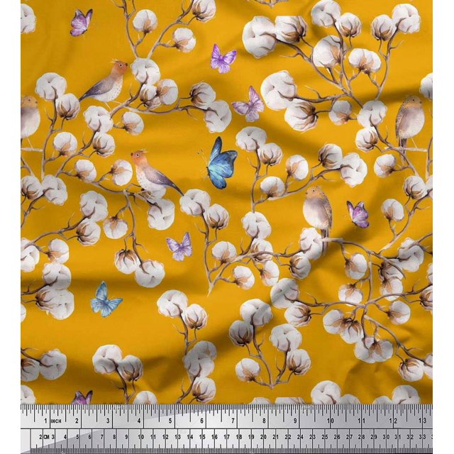 Soimoi Gold polyester Crepe Fabric Butterfly,Robin & Cotton Ball Floral Print Sewing Fabric Yard 42 Inch Wide