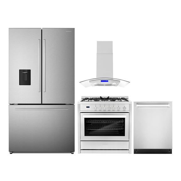 4 Piece Kitchen Package with 36" Freestanding Gas Range 36" Island Range Hood 24" Built-in Fully Integrated Dishwasher & French Door Refrigerator