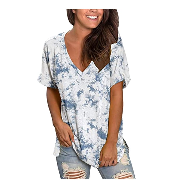 Gibobby Blusa Sexy Cuello en V Camiseta suelta informal con cuello en V para mujer, blusa manga corta con estampado(Azul,XL)