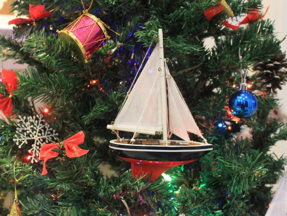 Navy Blue Stripe Sailboat Yacht Christmas Tree Ornament 