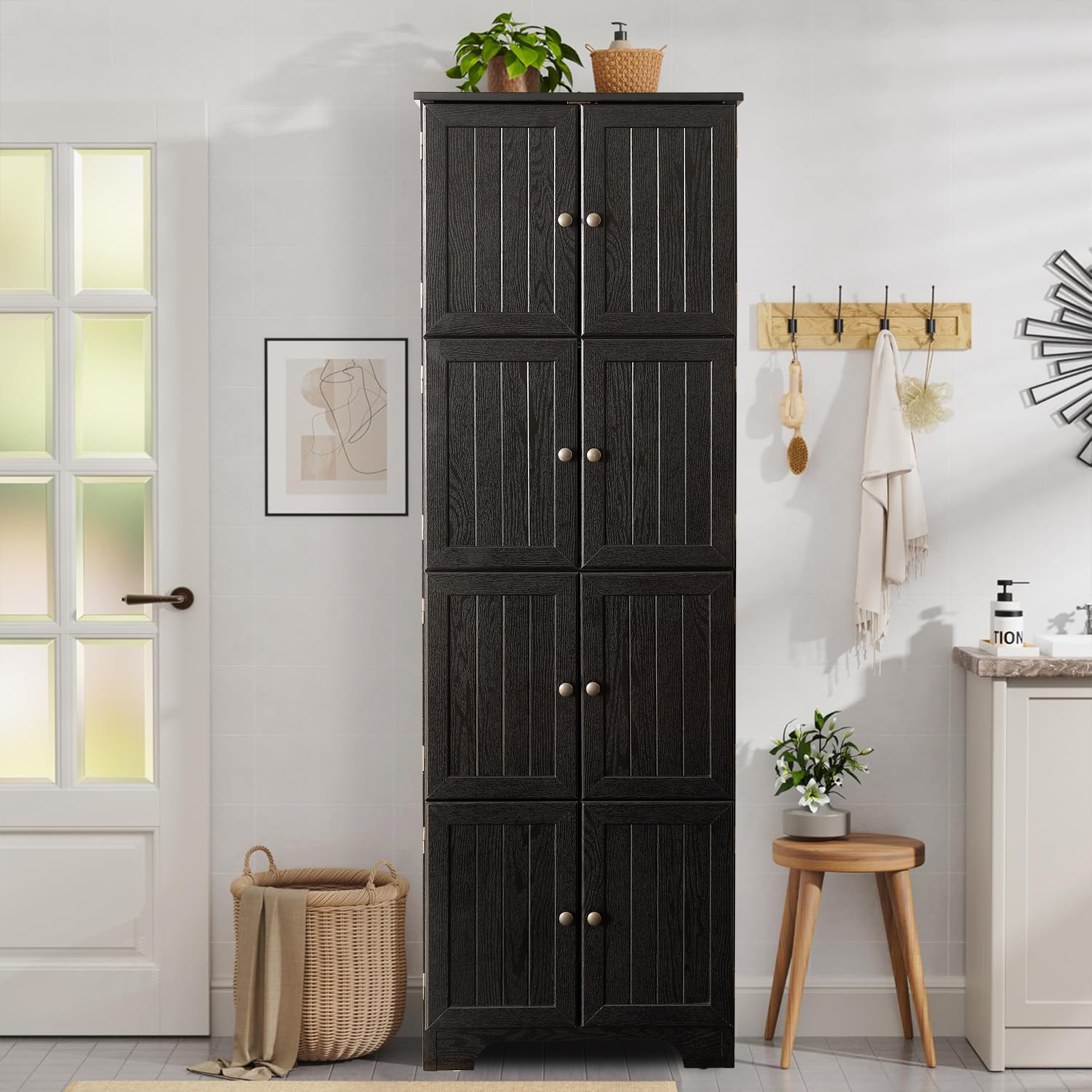 MDQMD 72.4'' Tall Storage Cabinet with Doors for Living Room,Kitchen Pantry Storage Cabinet,4 Tier Black Wooden Cabinet for Bathroom,Hallway