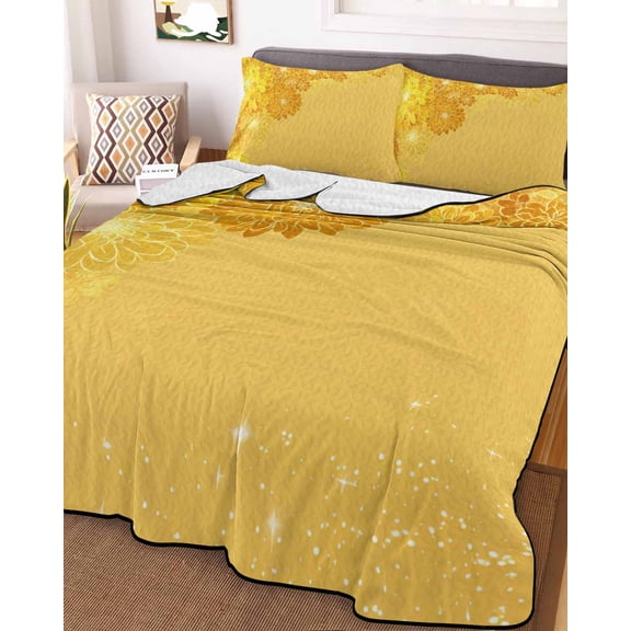 Yellow Golden Floral Full Size Down Alternative Comforter, Lightweight Comforter Quilt Bedding Set with Pillow Shams Spring Summer Shiny Flowers All Seasons Bed Comforter Duvet Insert 78"x90"