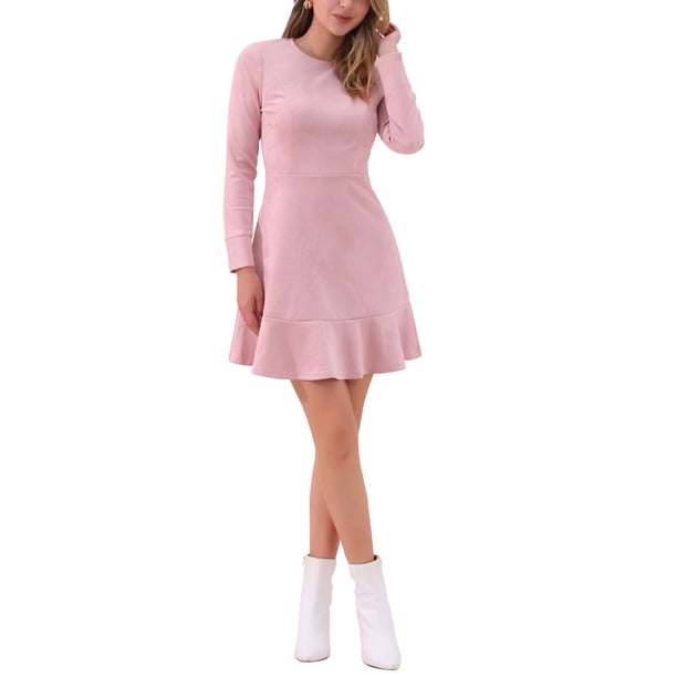 Vestido elegante de manga larga con volantes de cuello redondo de ante sintético para mujer INSPIRE CHIC XL Rosa