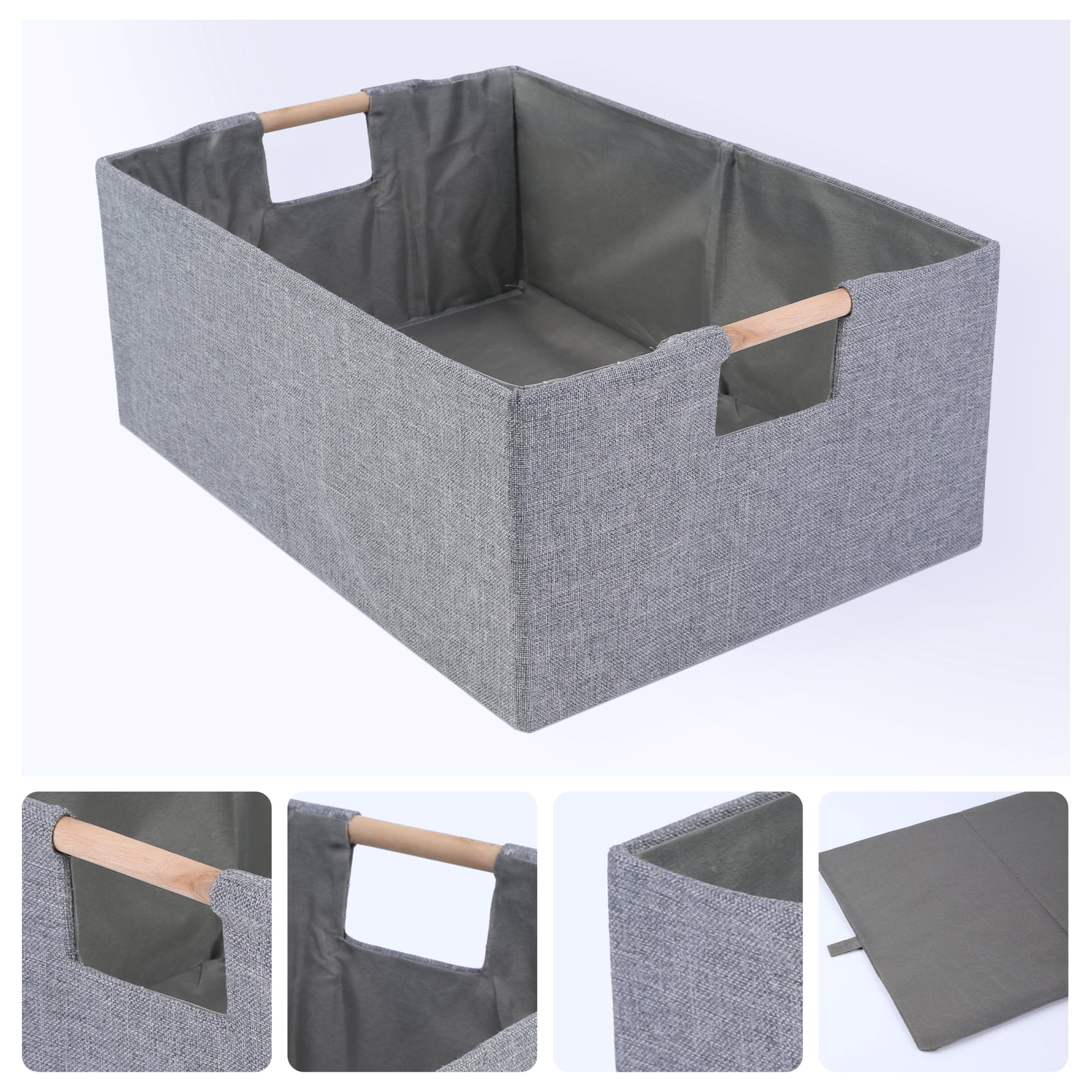 Unique Bargains Foldable Storage Basket with Wood Handles Gray 13.4*9.1*5.9