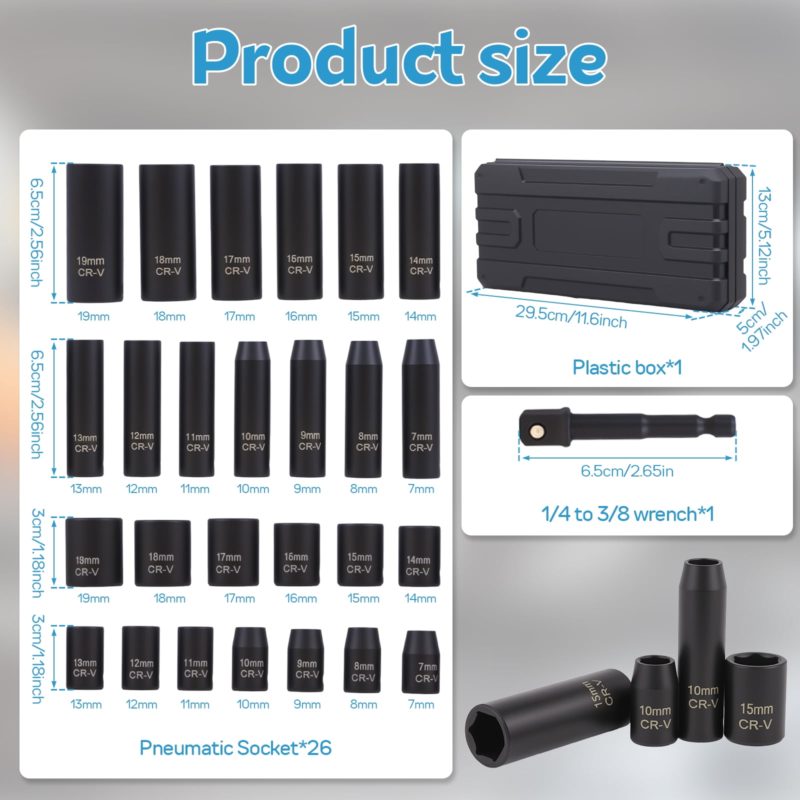 OKYMOTOR 27Pcs 3/8" Drive Impact Socket Set Black Phosphated Rust Resistant Finish Metric Socket Set for Auto and Motorcycle Repair